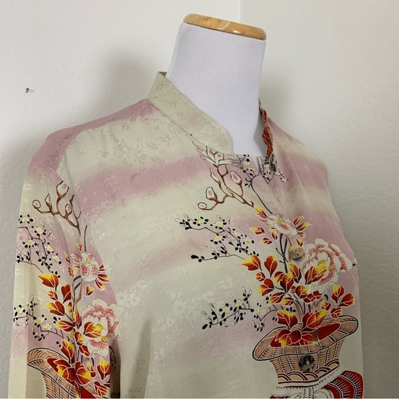 Citron 100% Silk Button Up Asian Inspired Tunic Blouse Women’s M Floral Mandarin - Picture 8 of 17